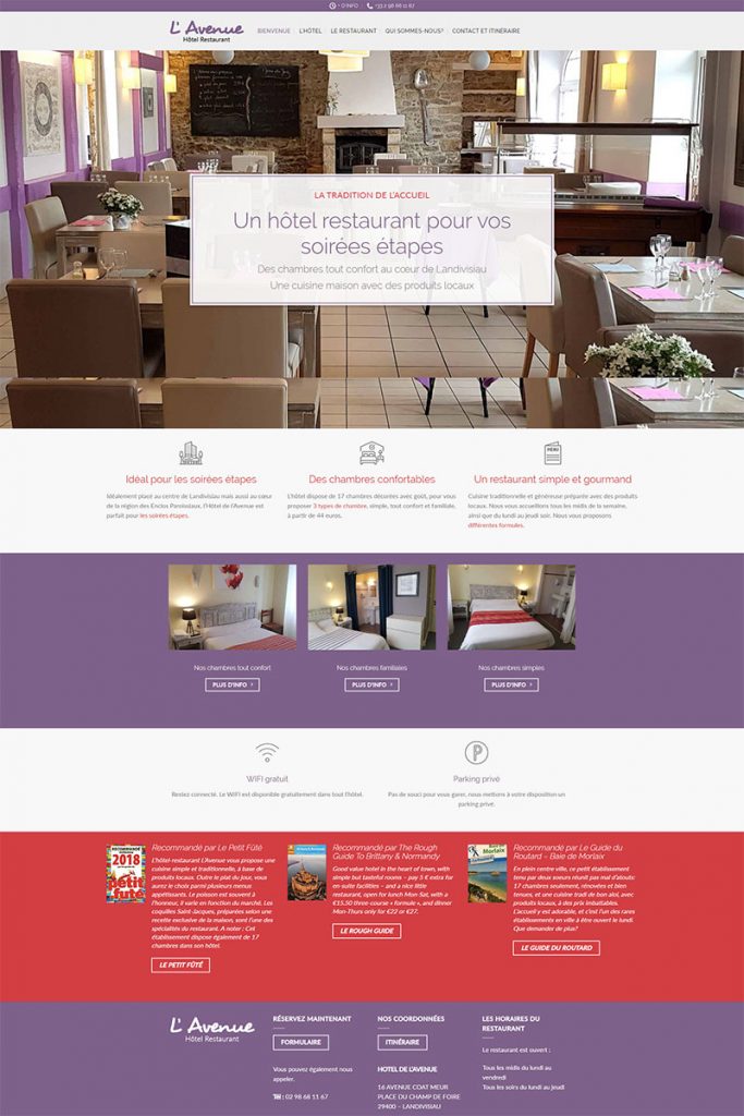 page d'accueil du site internet de l'hôtel l'Avenue à Landivisiau